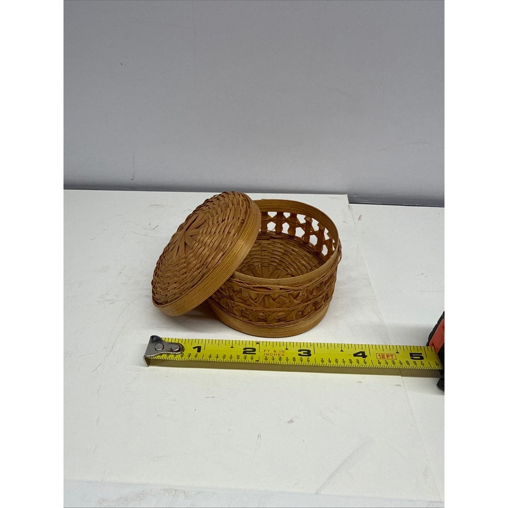 Vintage Hand Woven Bamboo Trinket Box with Lid Round Natural Wood Lattice 3.25in